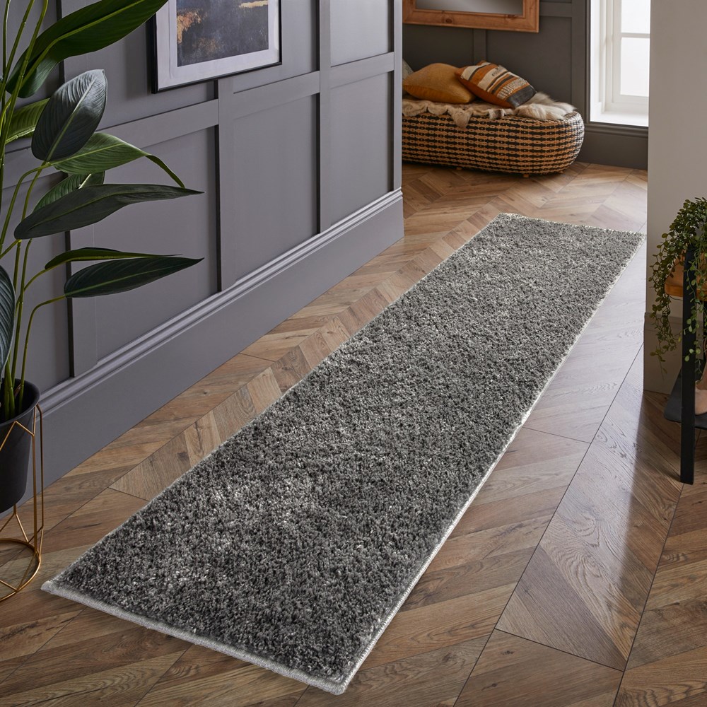 Larissa Washable Plain Shaggy Runner Rug in Ghost Grey